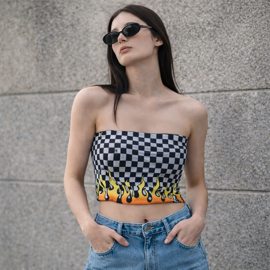 file_000000004dac720b92a56b63e293191b SNAYKE Checkered Flame Tube Top for Women – Strapless Streetwear Crop Top